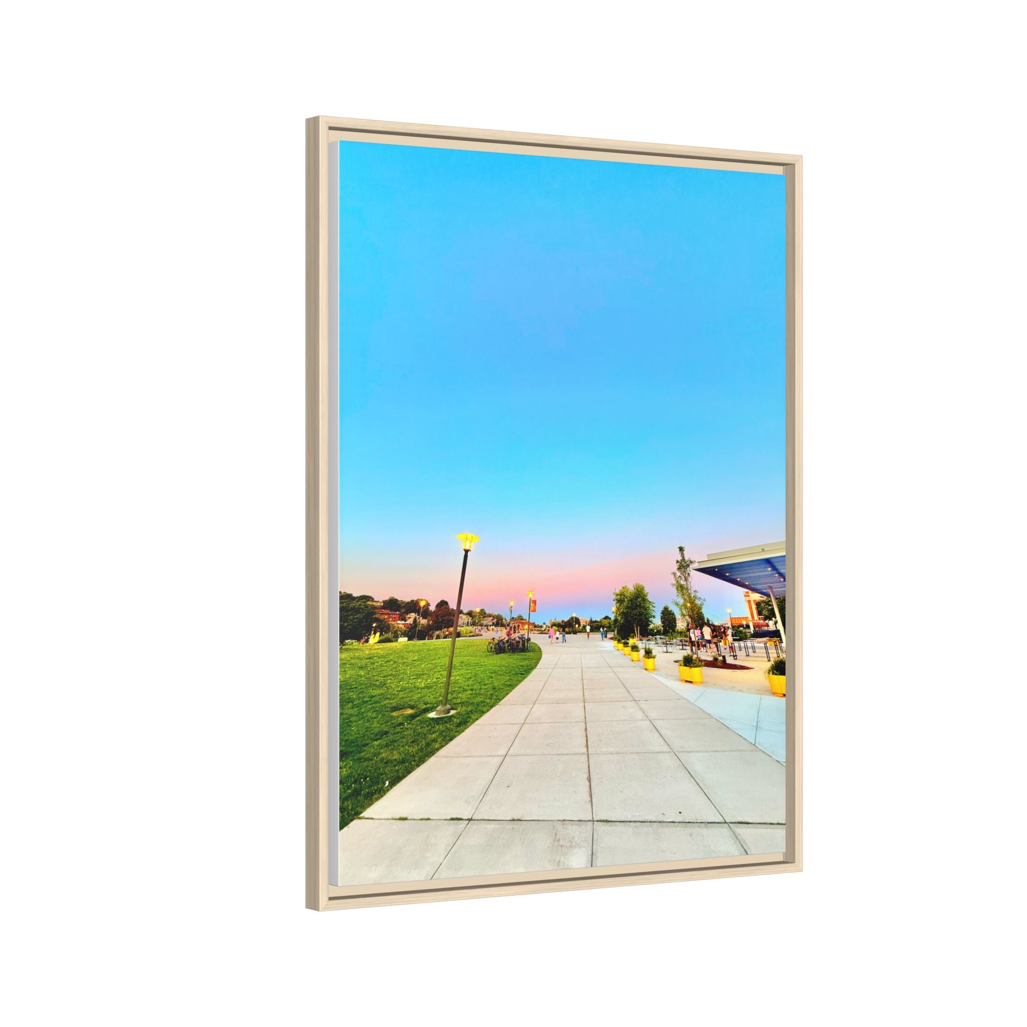 Sunset Promenade Matte Framed Canvas — Pastel Sky Walkway Wall Art