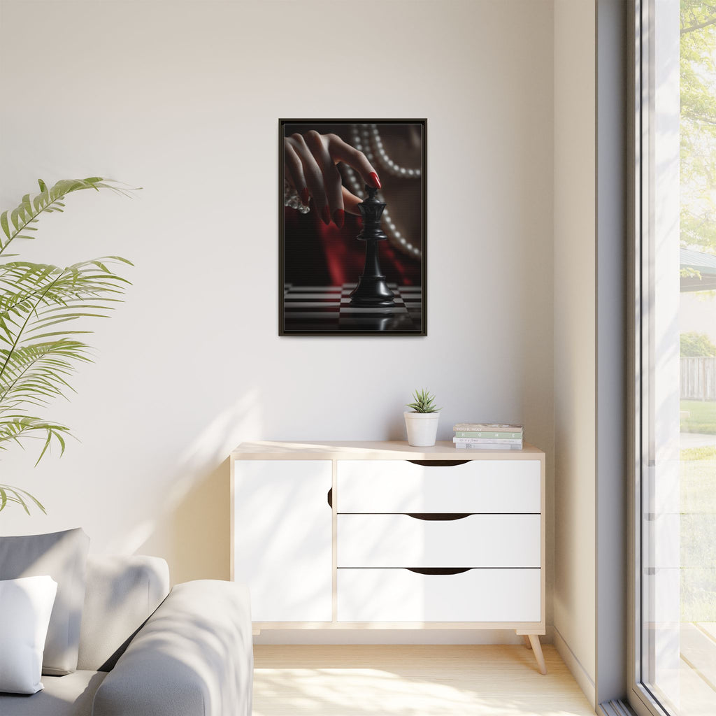 Framed Matte Canvas Art — Femme Hand & Chess King (Pearls, Noir Glam)