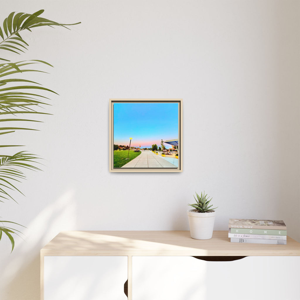 Sunset Promenade Matte Framed Canvas — Pastel Sky Walkway Wall Art