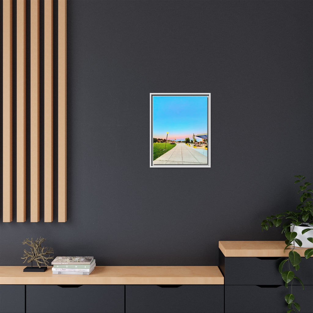 Sunset Promenade Matte Framed Canvas — Pastel Sky Walkway Wall Art
