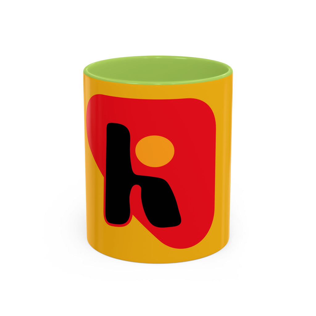 Retro Bold 'k' Accent Coffee Mug — Yellow & Red Graphic Ceramic