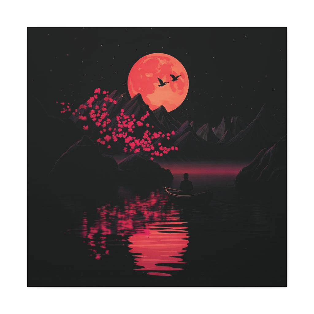 Moonlit Sakura Canvas Wall Art — Red Moon Reflection Matte Stretched Print