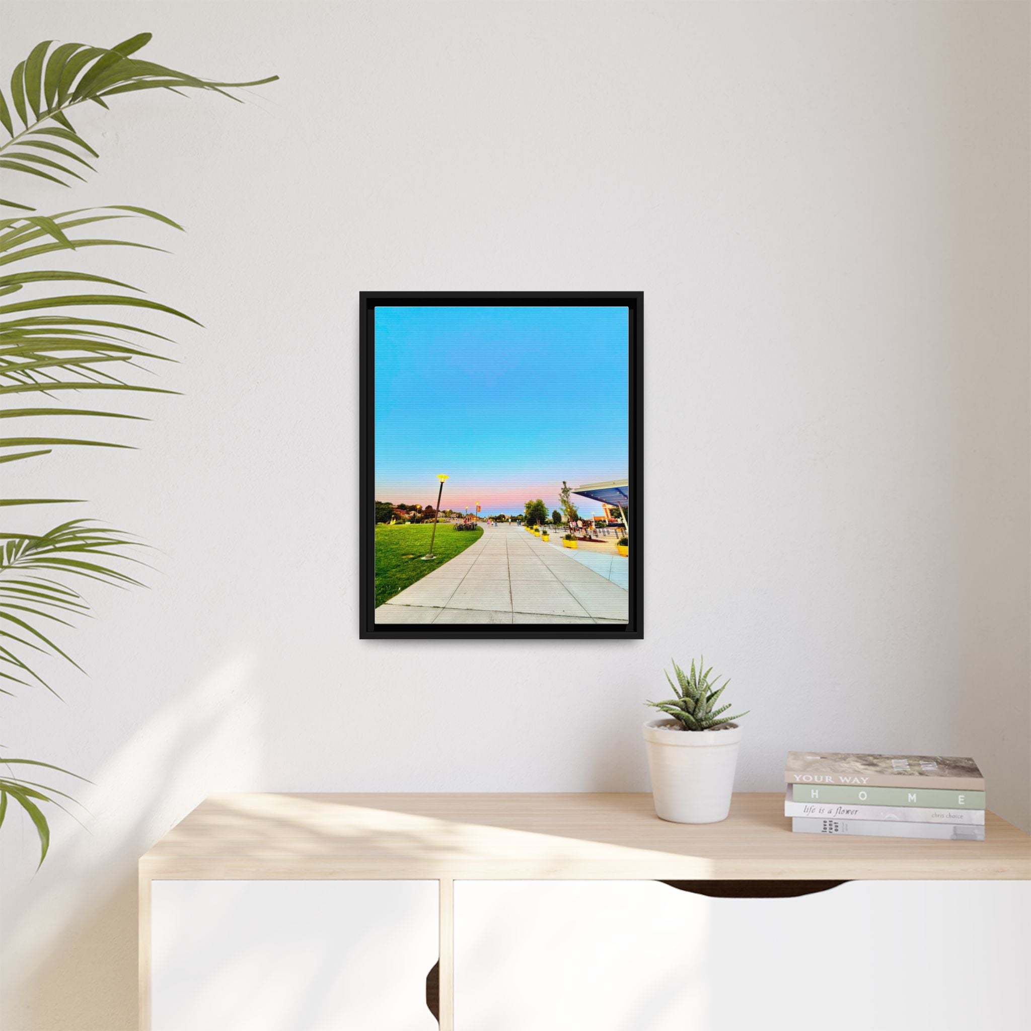 Sunset Promenade Matte Framed Canvas — Pastel Sky Walkway Wall Art