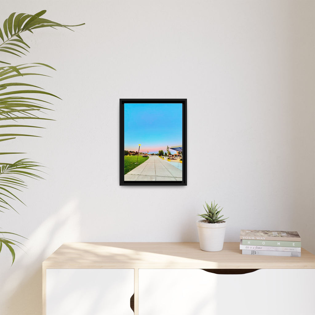 Sunset Promenade Matte Framed Canvas — Pastel Sky Walkway Wall Art