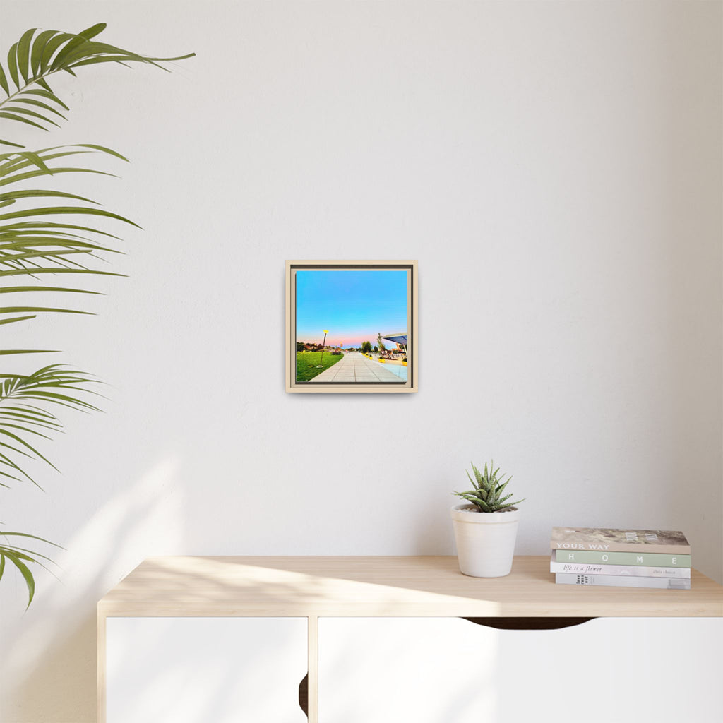Sunset Promenade Matte Framed Canvas — Pastel Sky Walkway Wall Art