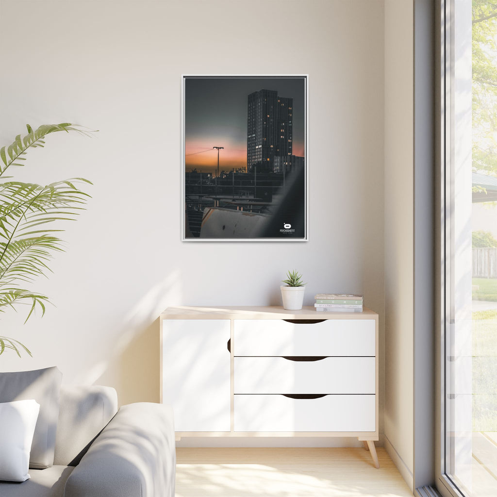 Framed Matte Canvas Print — Urban Sunset High-Rise Photography