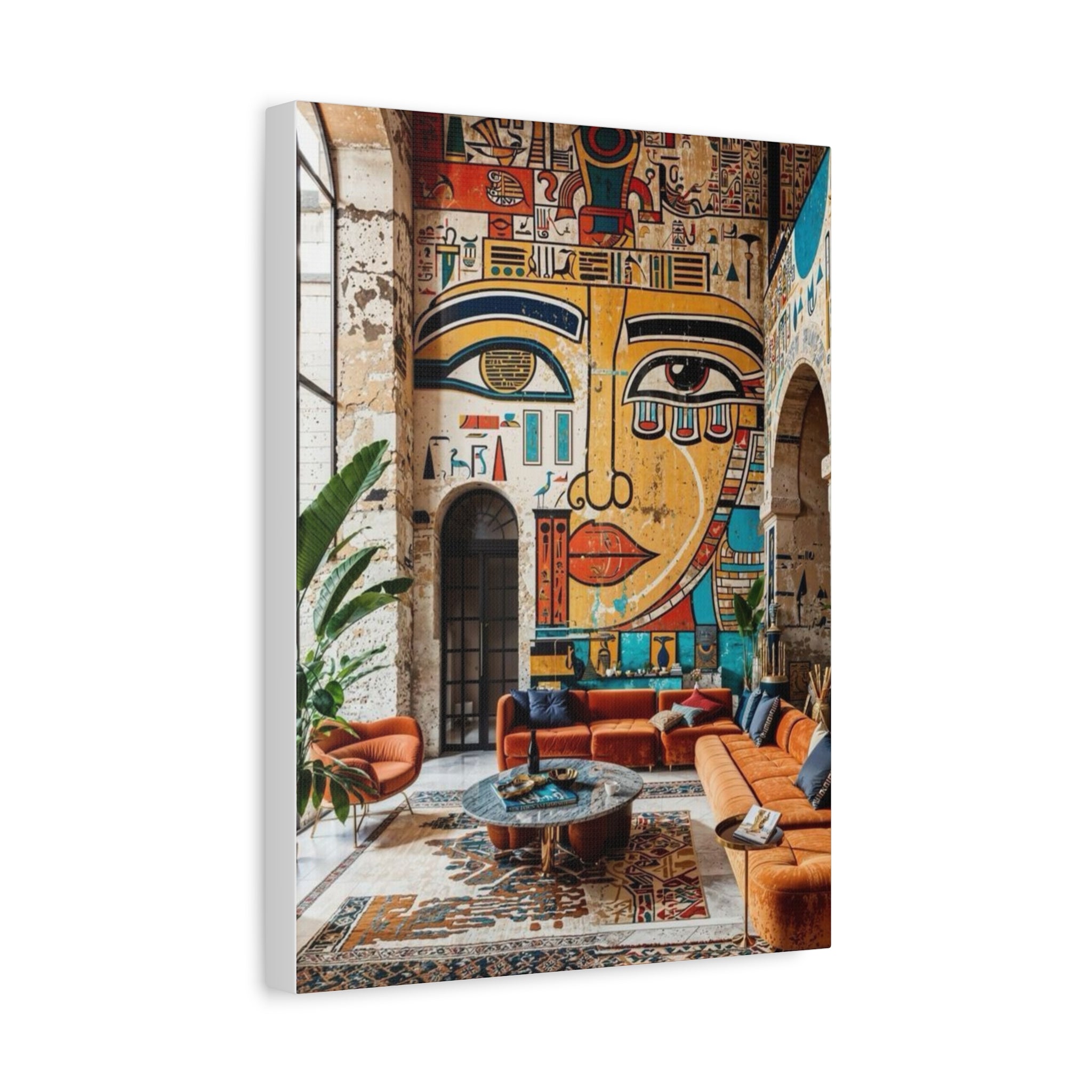 Egyptian Mural Face Matte Canvas Wall Art – Bohemian Living Room Decor