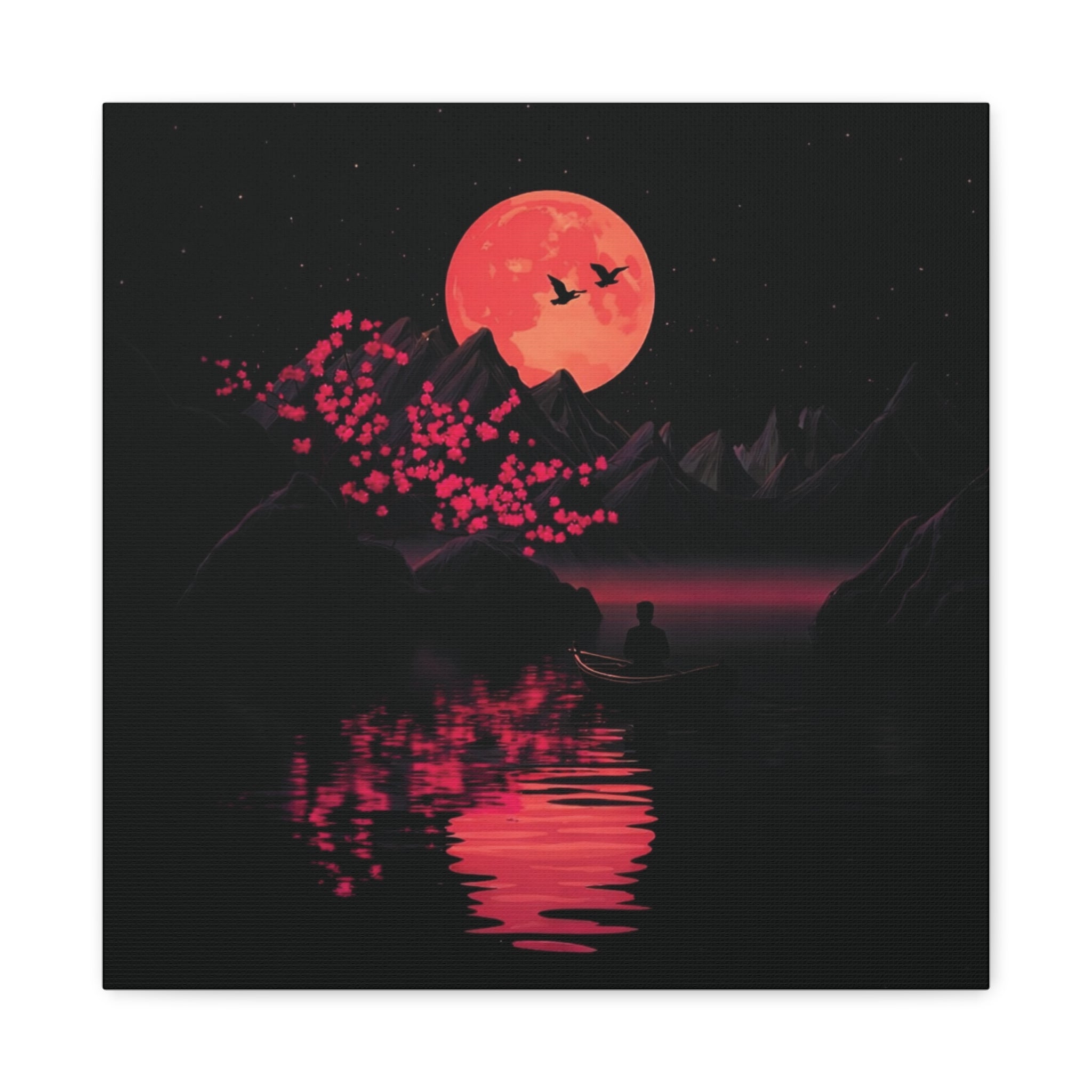 Moonlit Sakura Canvas Wall Art — Red Moon Reflection Matte Stretched Print