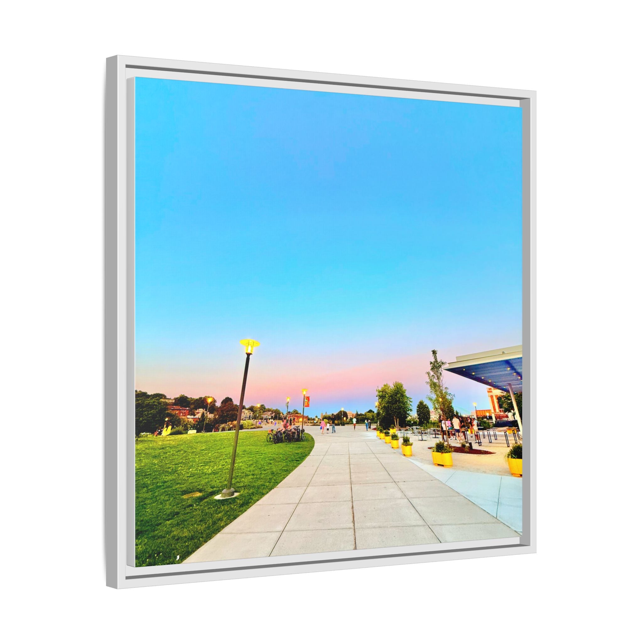 Sunset Promenade Matte Framed Canvas — Pastel Sky Walkway Wall Art