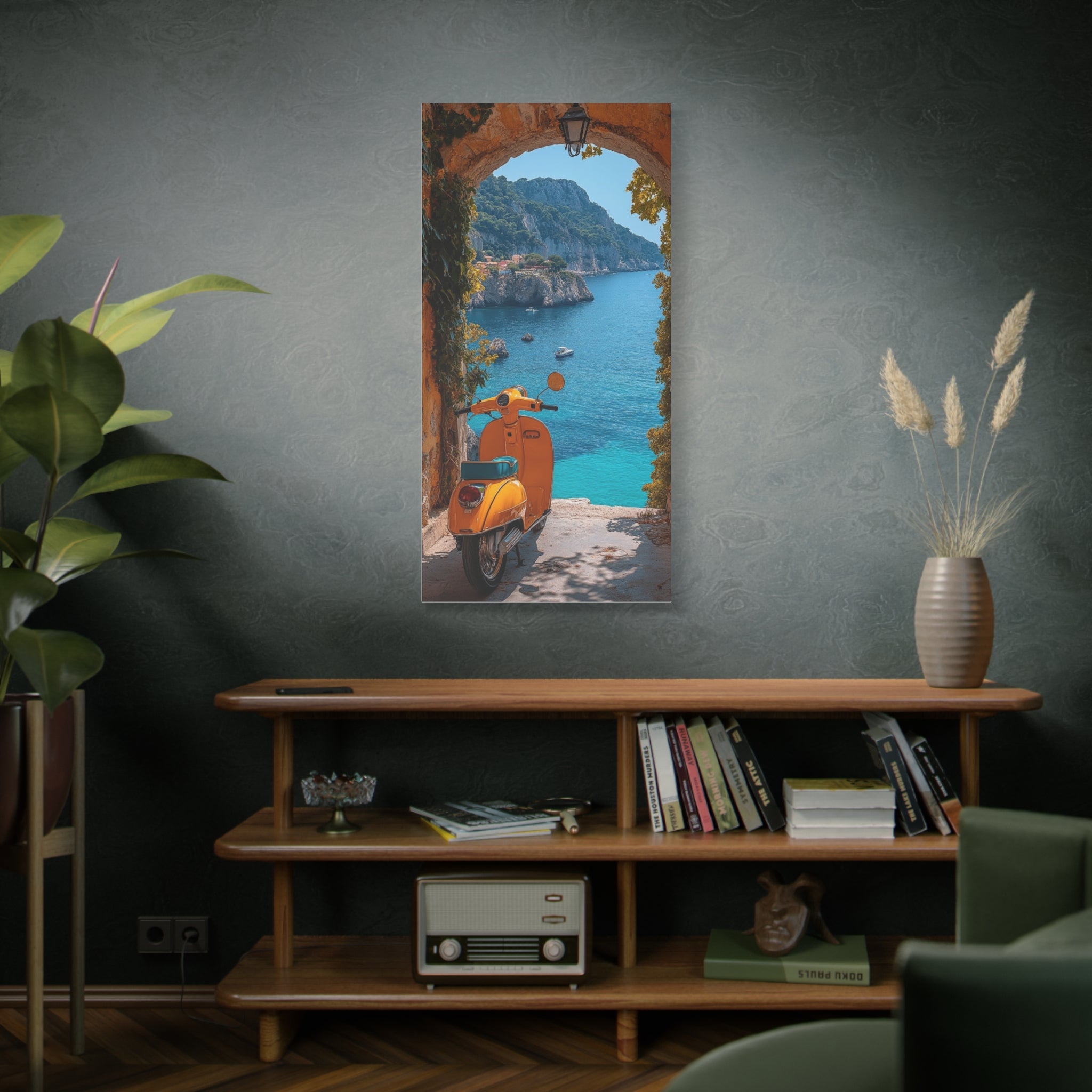 Mediterranean Scooter Canvas Print – Sunny Coastal Archway Wall Art