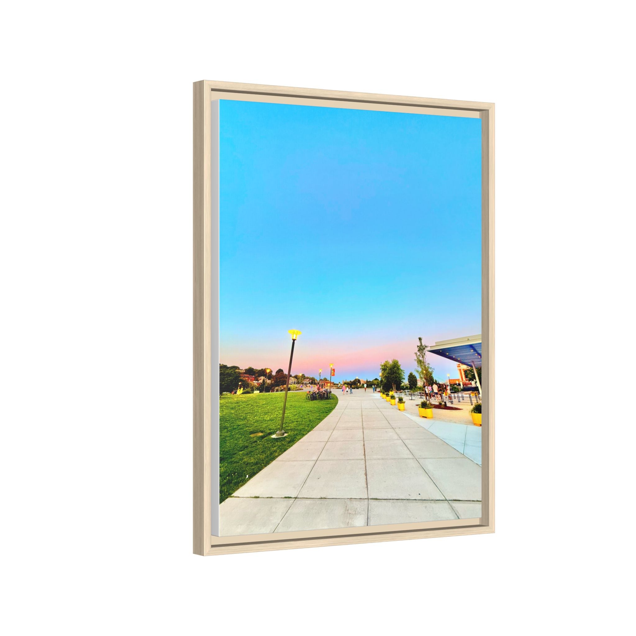 Sunset Promenade Matte Framed Canvas — Pastel Sky Walkway Wall Art