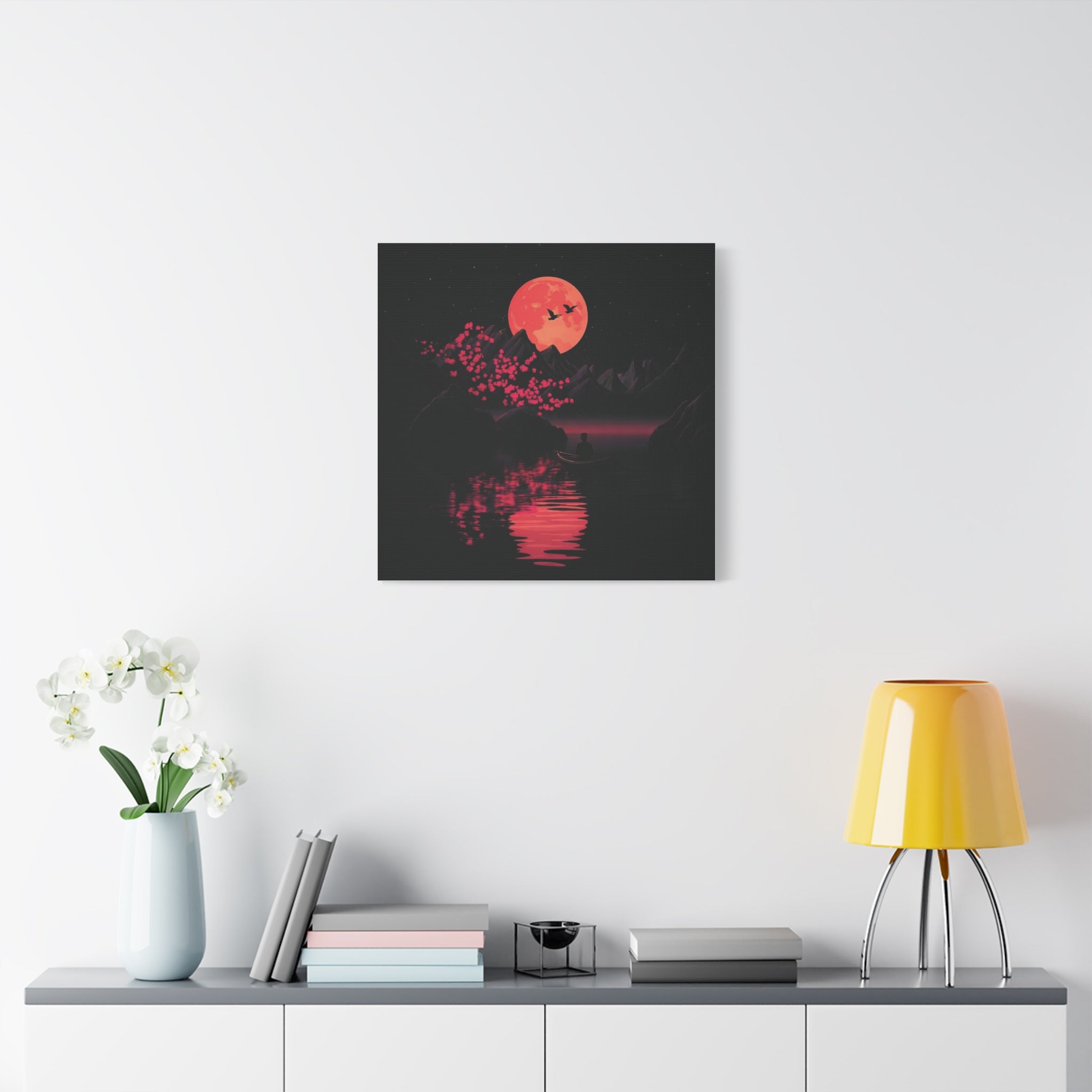 Moonlit Sakura Canvas Wall Art — Red Moon Reflection Matte Stretched Print