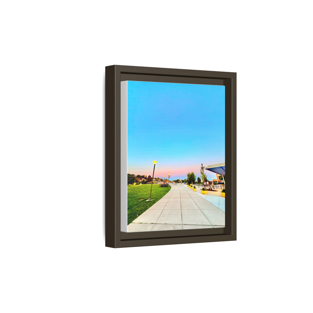 Sunset Promenade Matte Framed Canvas — Pastel Sky Walkway Wall Art