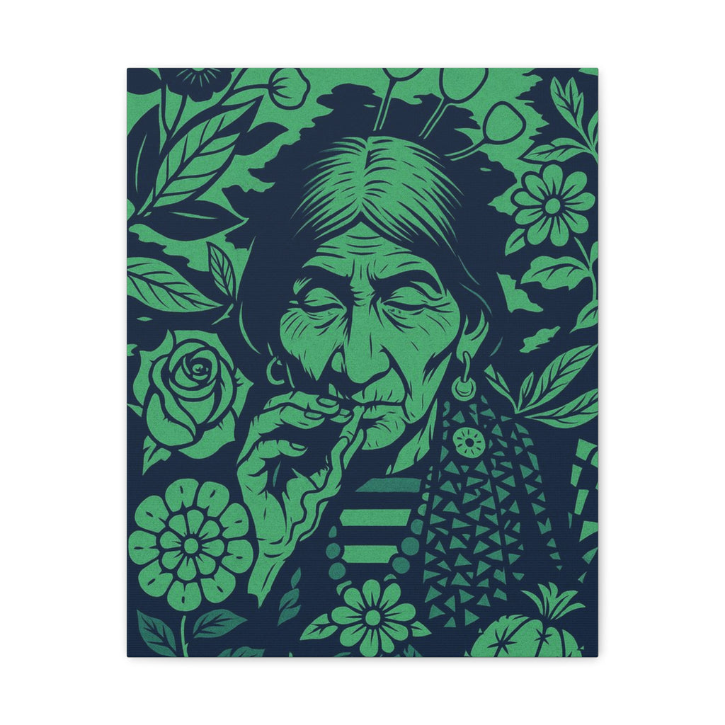 Vintage Smoking Woman Art Canvas — Green Floral Stretched Wall Art