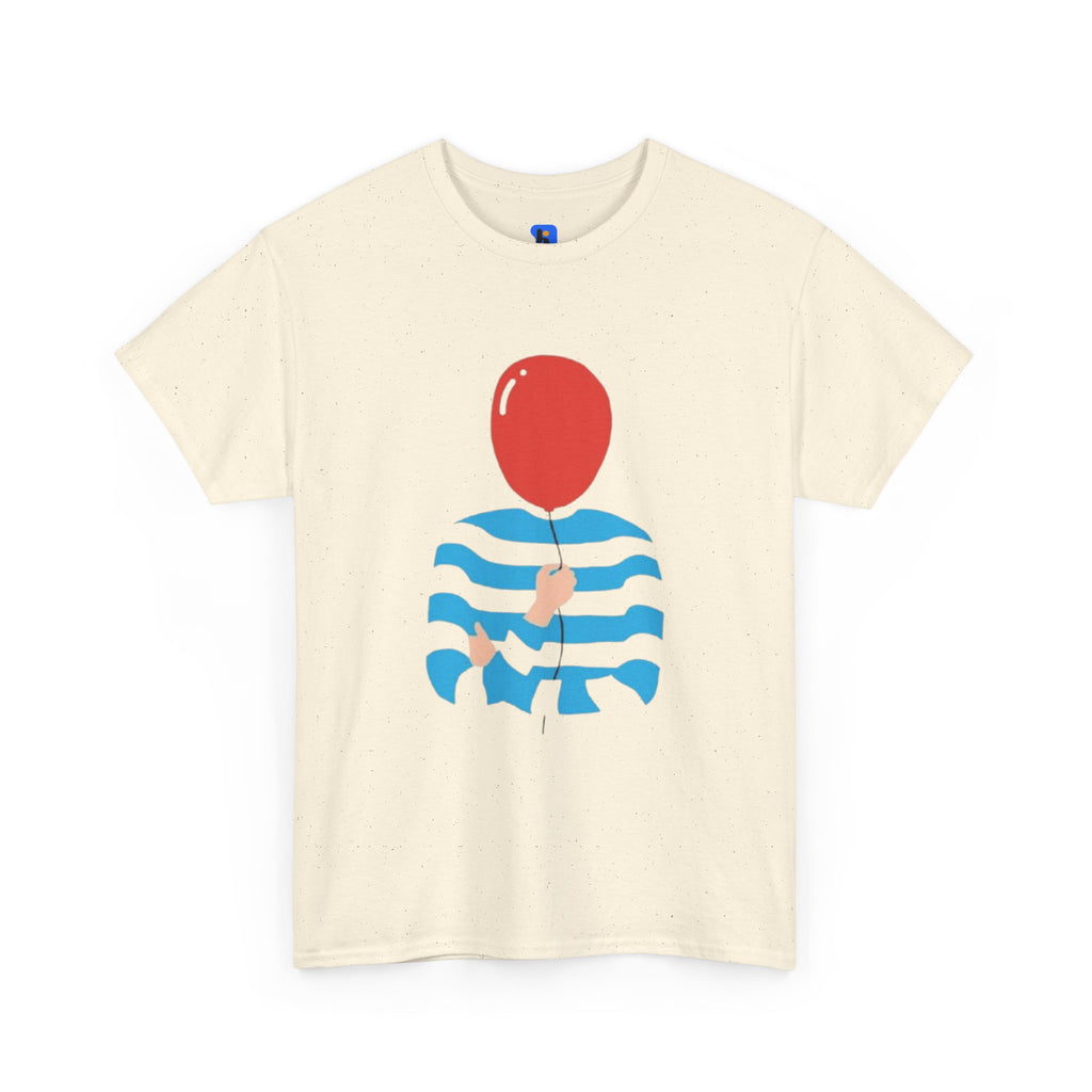 Striped Sweater Balloon Tee — Minimalist Red Balloon Graphic T-Shirt