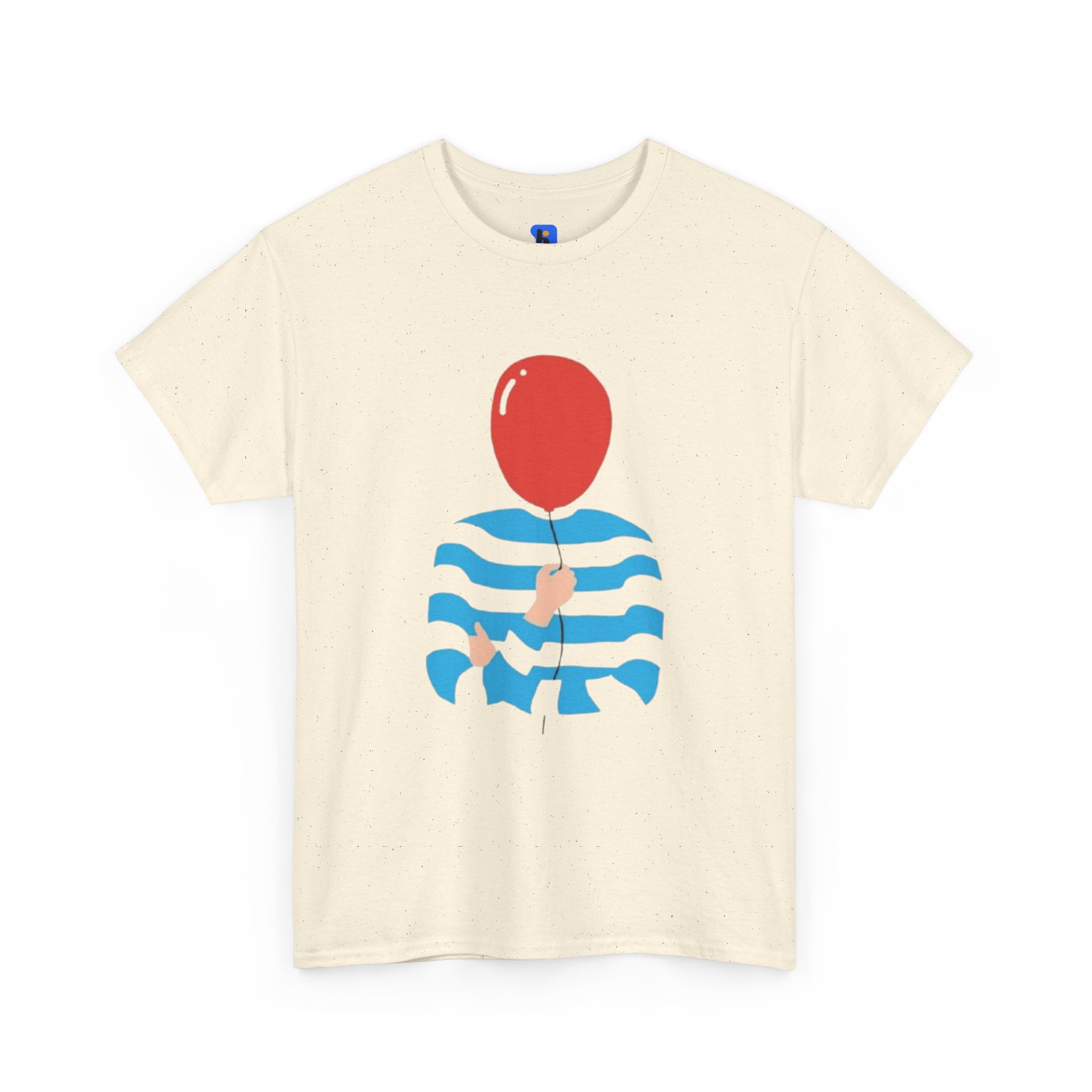 Striped Sweater Balloon Tee — Minimalist Red Balloon Graphic T-Shirt