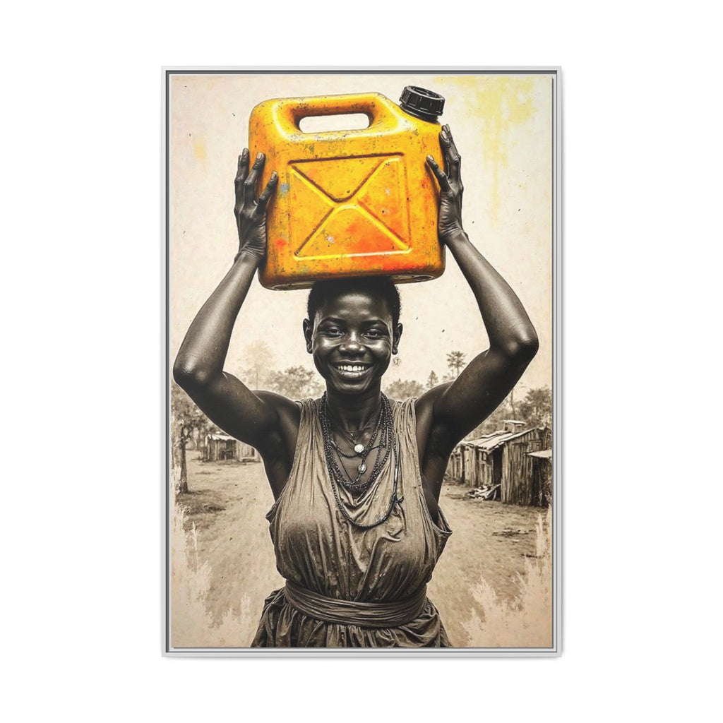 Framed Canvas Art - Joyful Woman Carrying Yellow Water Jerrycan