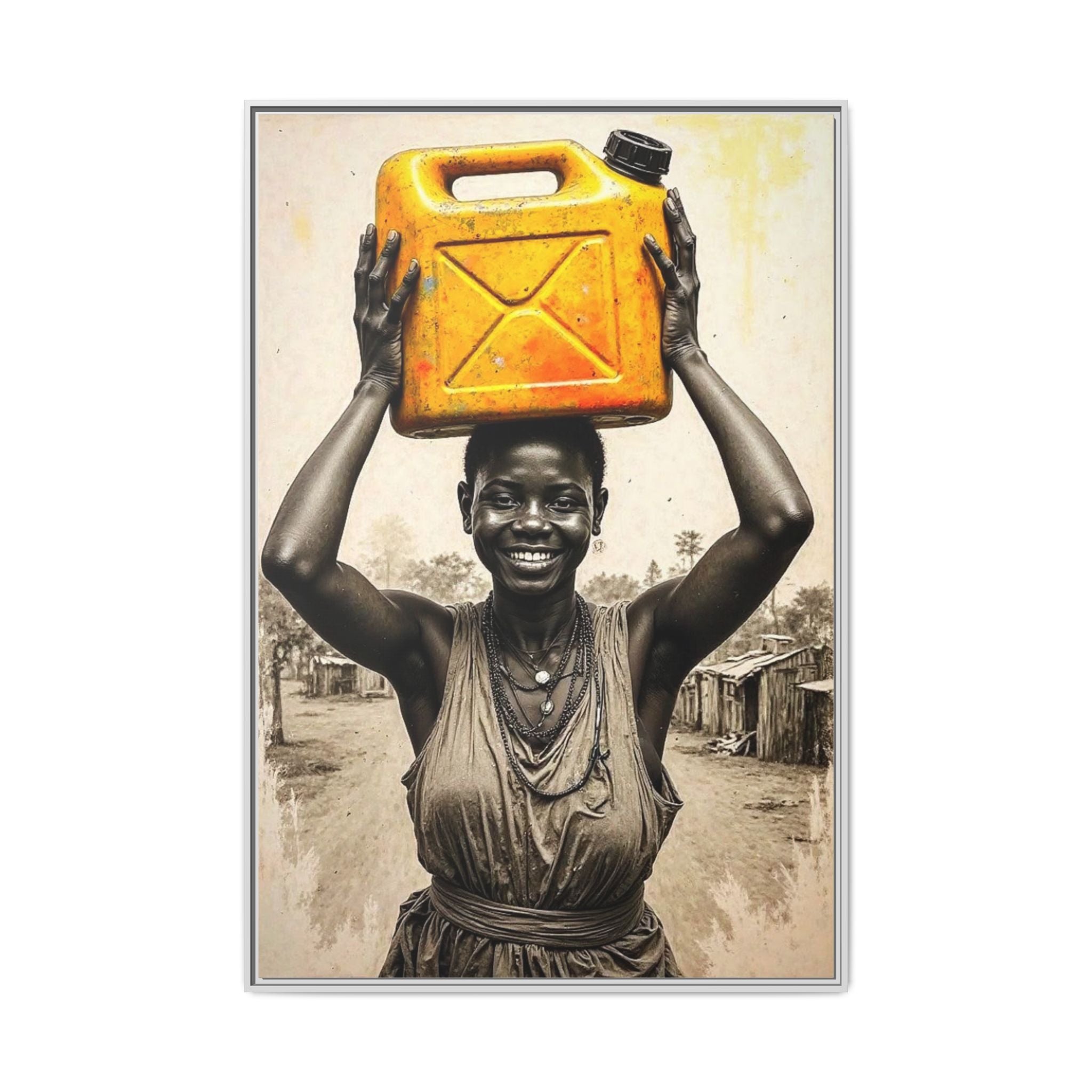 Framed Canvas Art - Joyful Woman Carrying Yellow Water Jerrycan
