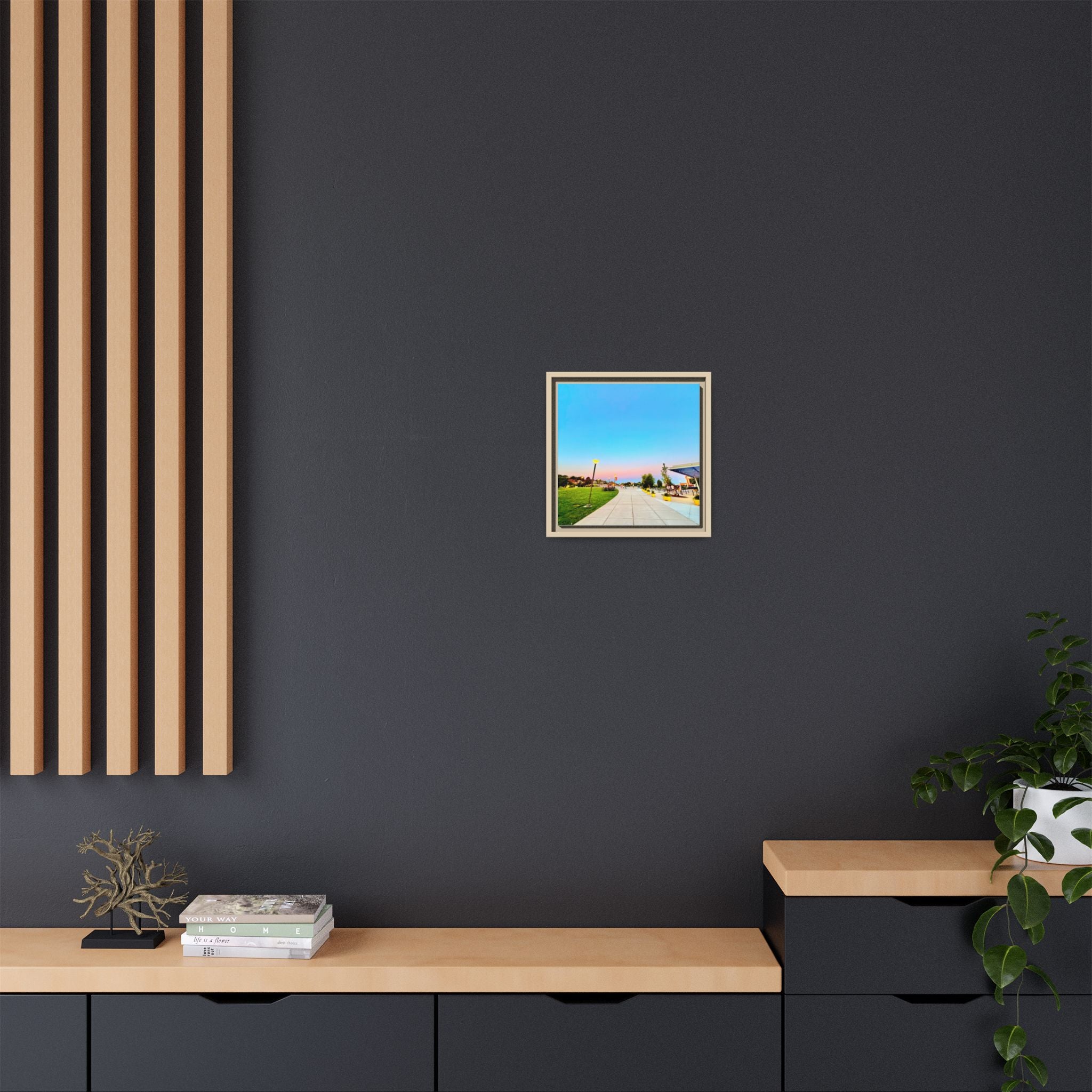 Sunset Promenade Matte Framed Canvas — Pastel Sky Walkway Wall Art