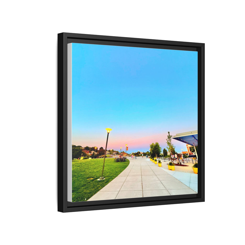 Sunset Promenade Matte Framed Canvas — Pastel Sky Walkway Wall Art