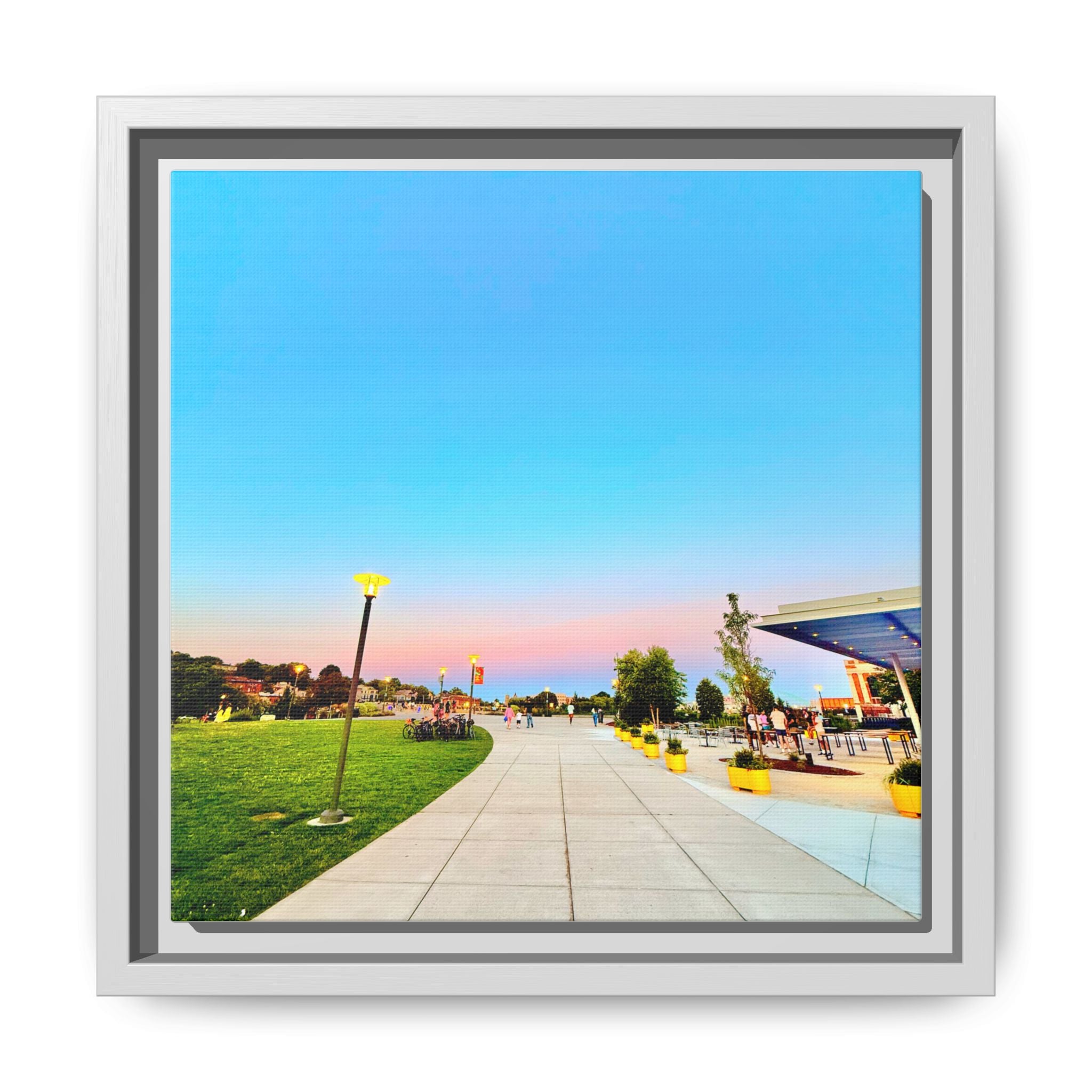 Sunset Promenade Matte Framed Canvas — Pastel Sky Walkway Wall Art
