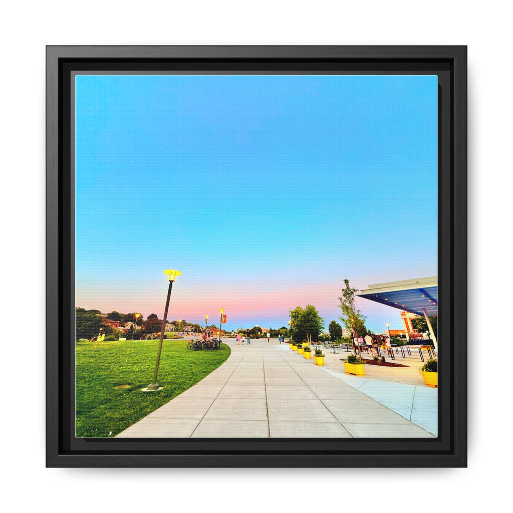 Sunset Promenade Matte Framed Canvas — Pastel Sky Walkway Wall Art