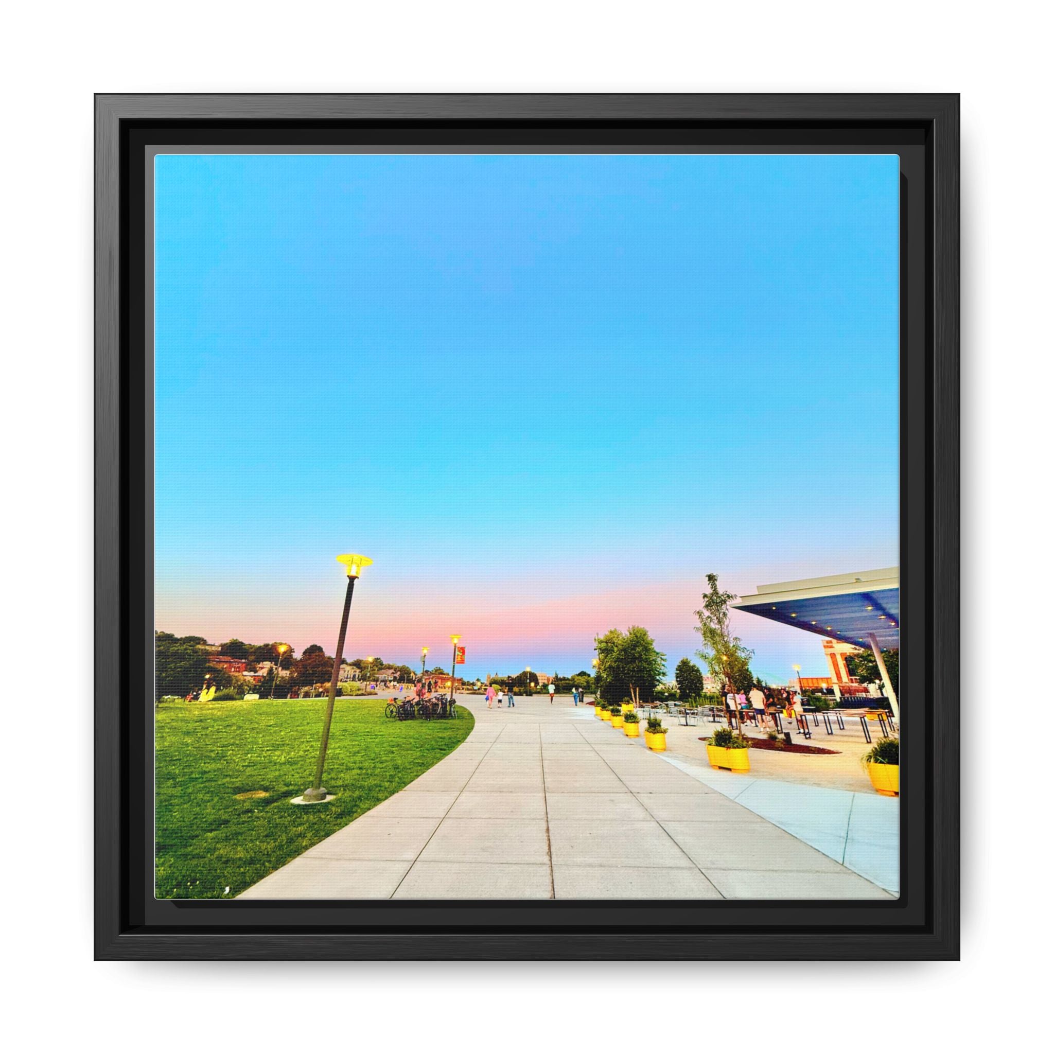 Sunset Promenade Matte Framed Canvas — Pastel Sky Walkway Wall Art