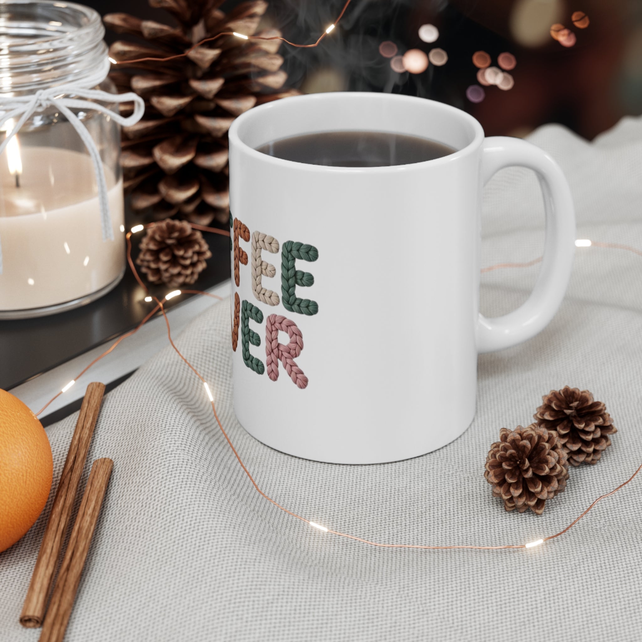Coffee Lover Mug — Colorful Knitted Yarn Typography 11oz