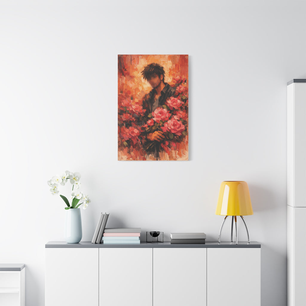 Man with Roses Painting Matte Canvas | Stretched Wall Art