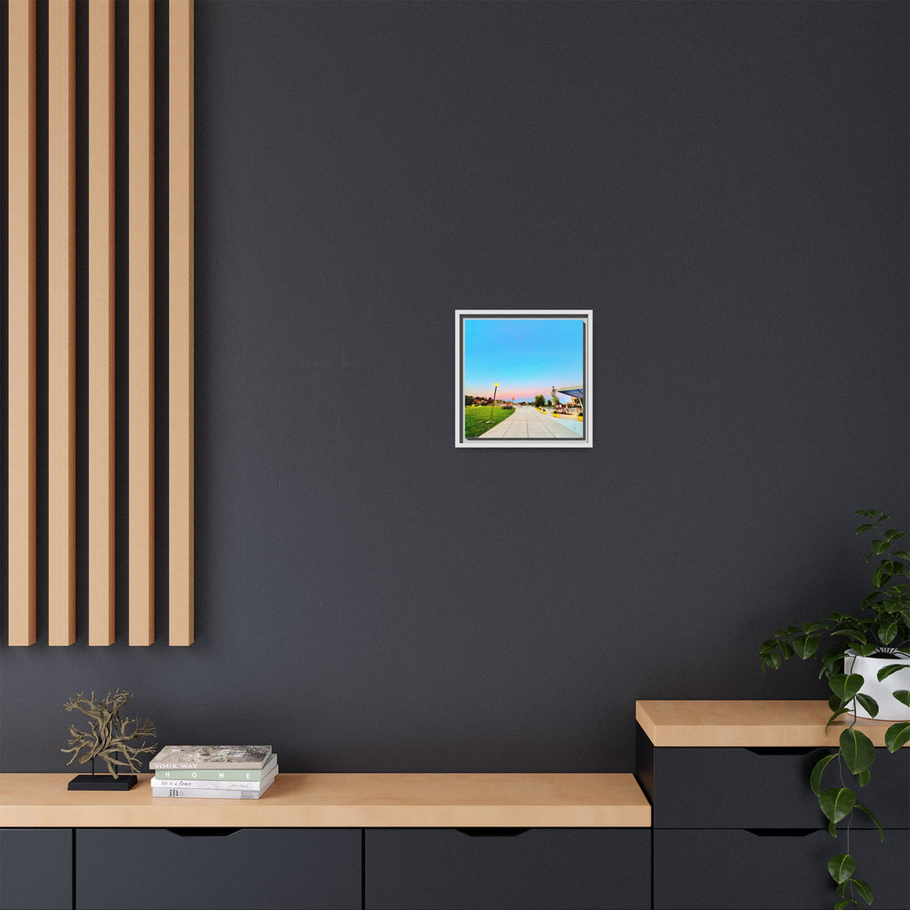 Sunset Promenade Matte Framed Canvas — Pastel Sky Walkway Wall Art