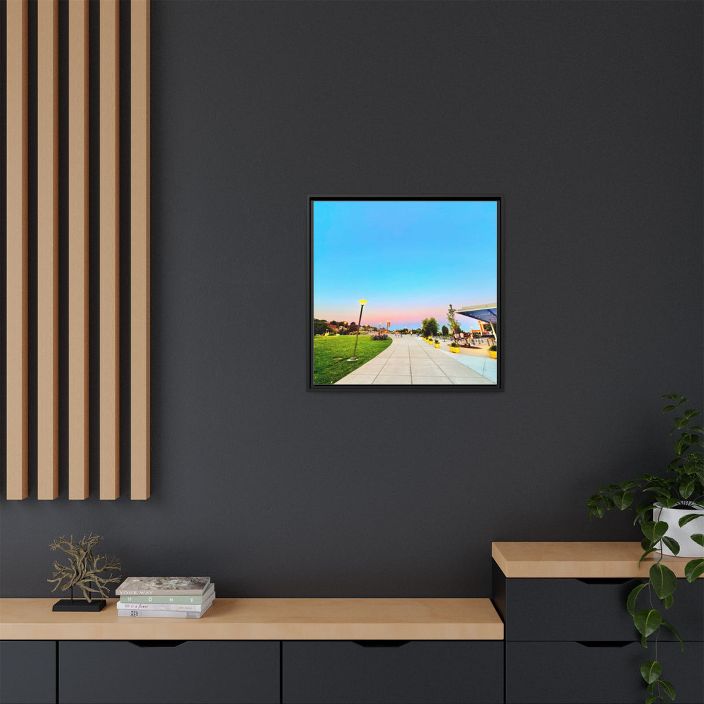 Sunset Promenade Matte Framed Canvas — Pastel Sky Walkway Wall Art