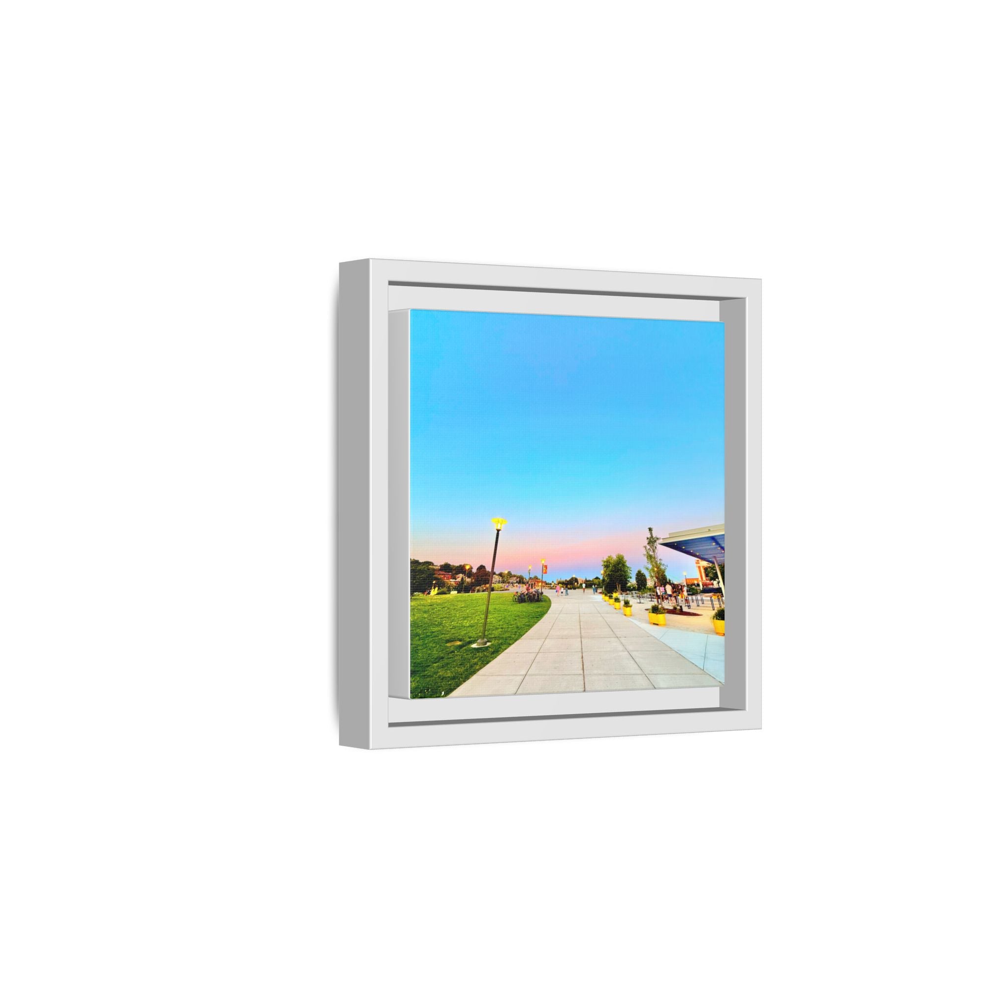 Sunset Promenade Matte Framed Canvas — Pastel Sky Walkway Wall Art