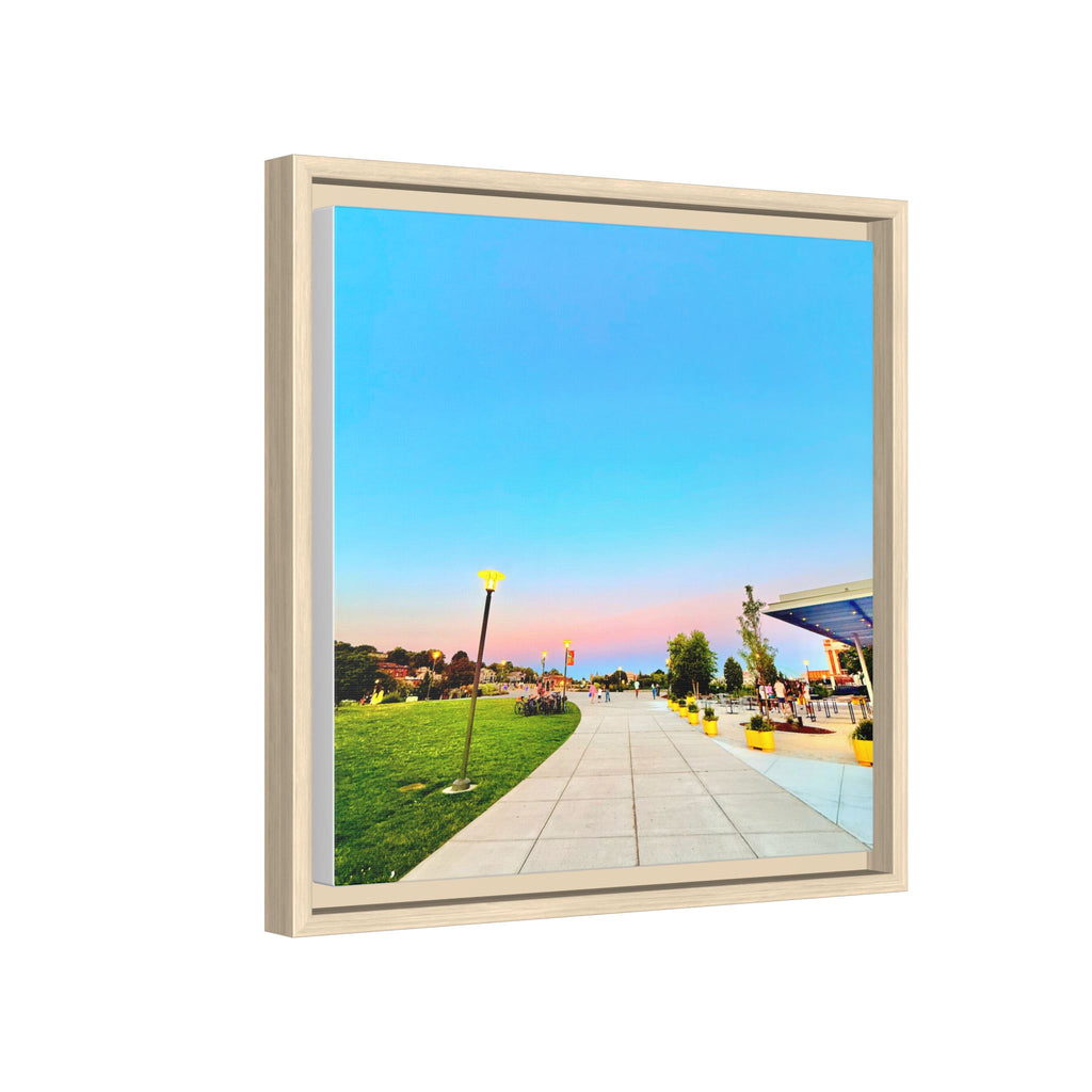 Sunset Promenade Matte Framed Canvas — Pastel Sky Walkway Wall Art