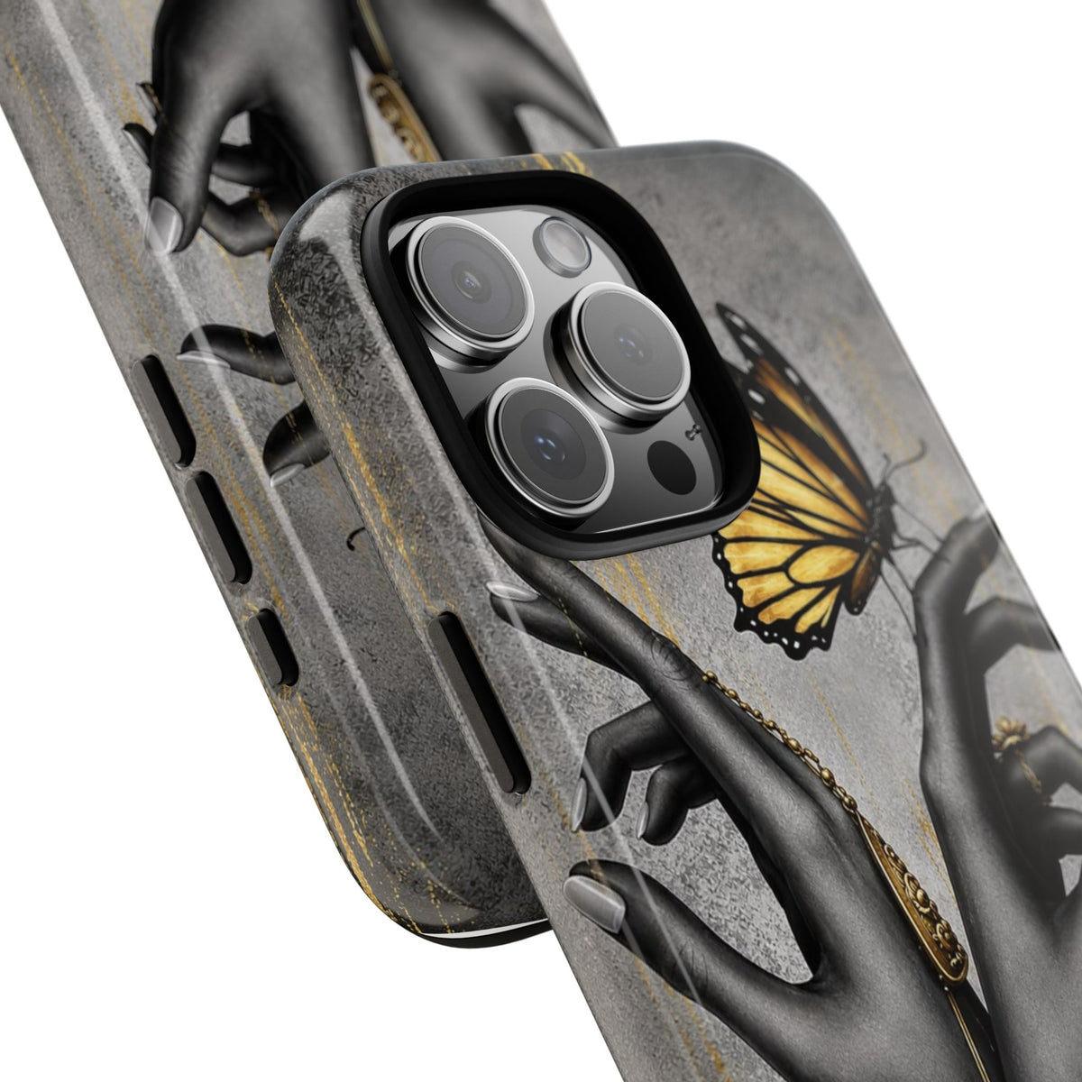 Artistic Black Hands & Golden Butterfly Phone Case – Protective Tough Case