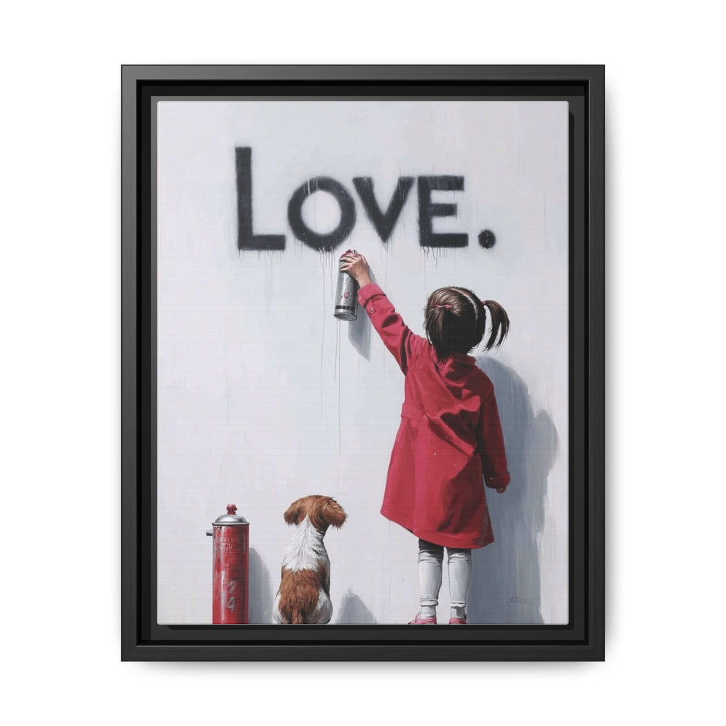 'LOVE.' Girl Spray-Painting with Dog- Framed Canvas Art