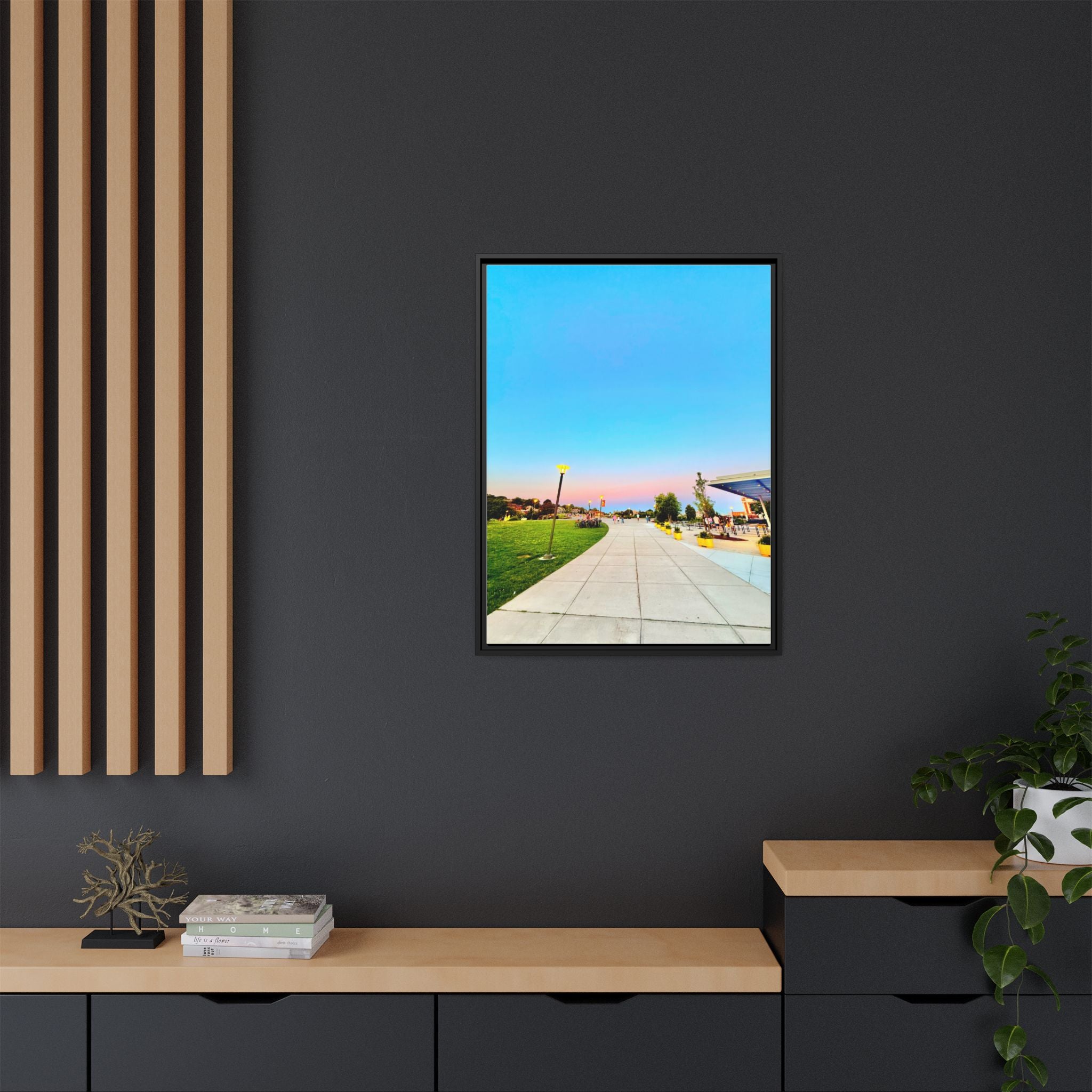 Sunset Promenade Matte Framed Canvas — Pastel Sky Walkway Wall Art