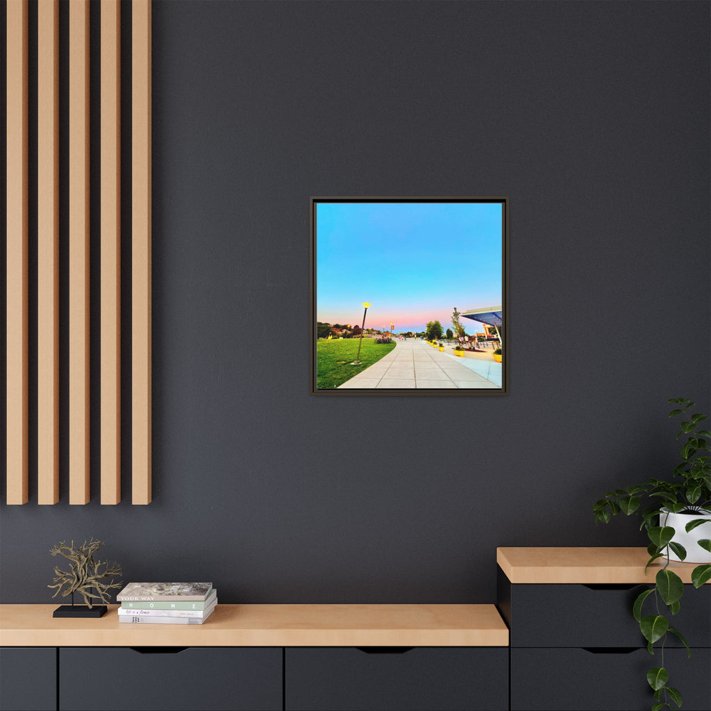 Sunset Promenade Matte Framed Canvas — Pastel Sky Walkway Wall Art