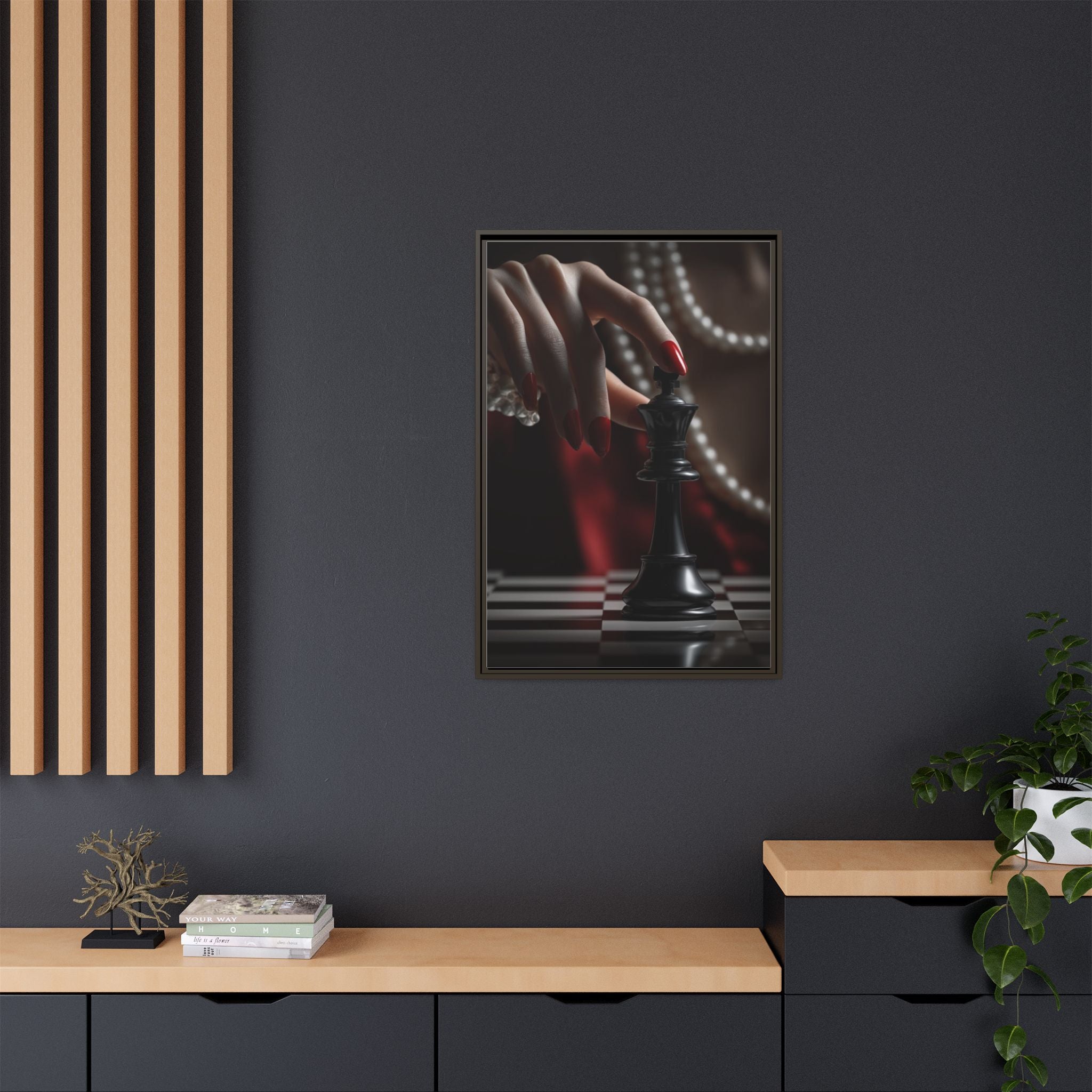 Framed Matte Canvas Art — Femme Hand & Chess King (Pearls, Noir Glam)