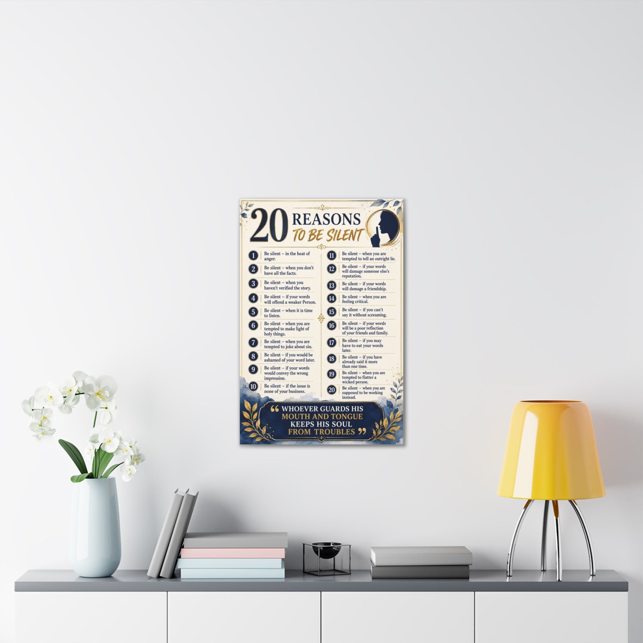 20 Reasons to Be Silent Canvas Wall Art — Inspirational Faith Quote Print