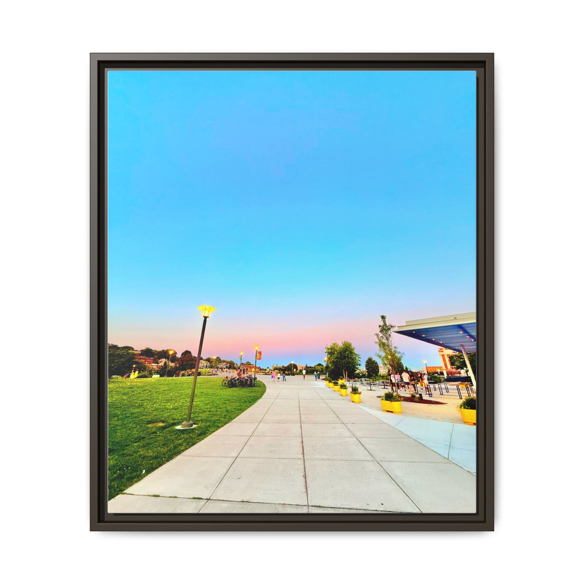 Sunset Promenade Matte Framed Canvas — Pastel Sky Walkway Wall Art