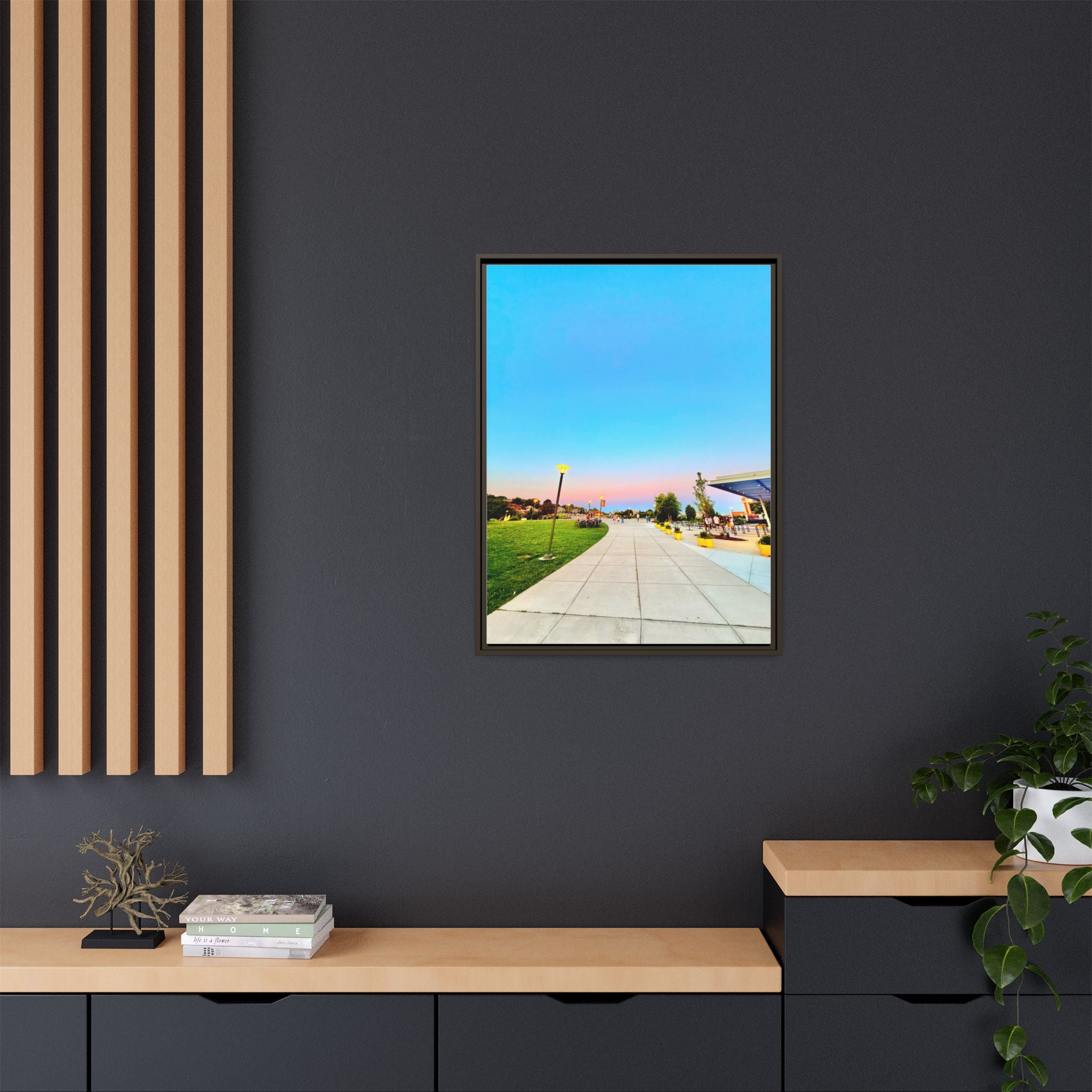 Sunset Promenade Matte Framed Canvas — Pastel Sky Walkway Wall Art