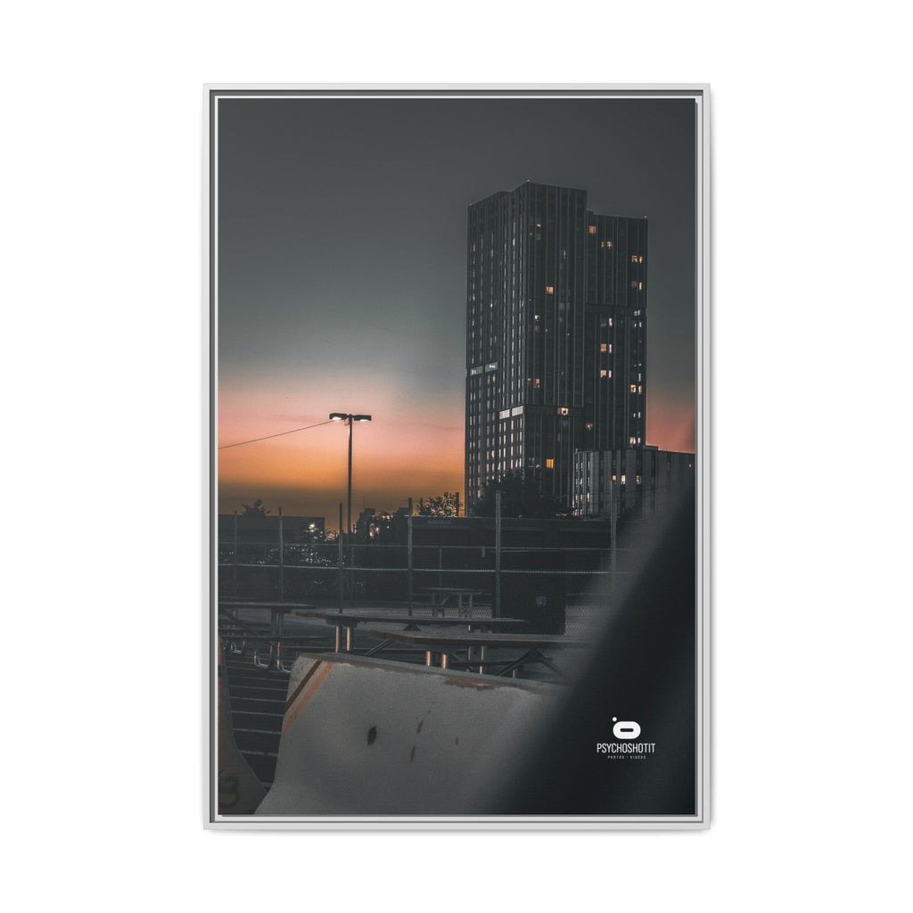 Framed Matte Canvas Print — Urban Sunset High-Rise Photography