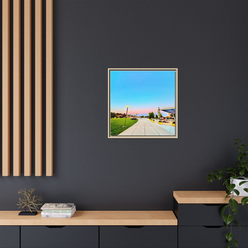 Sunset Promenade Matte Framed Canvas — Pastel Sky Walkway Wall Art