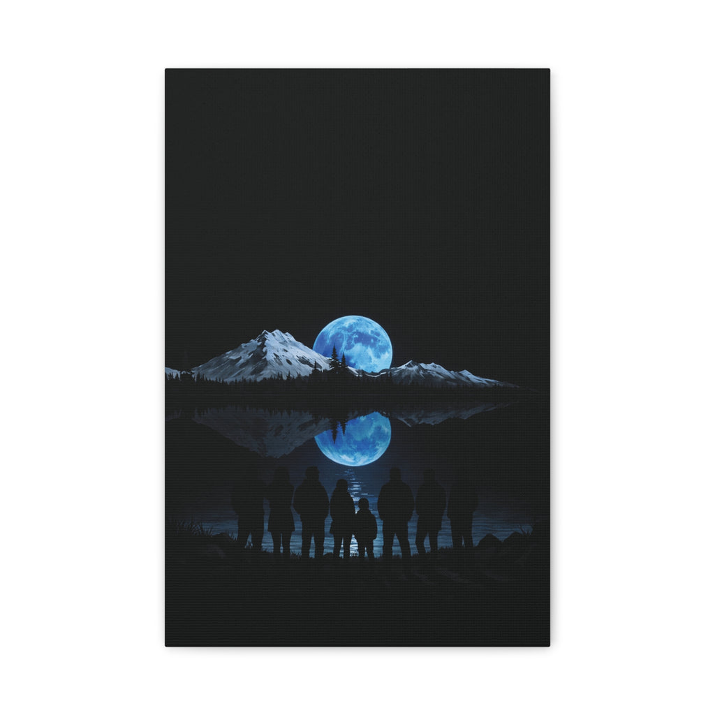 Blue Moon Mountain Canvas Print — Family Silhouette Nightscape Wall Art