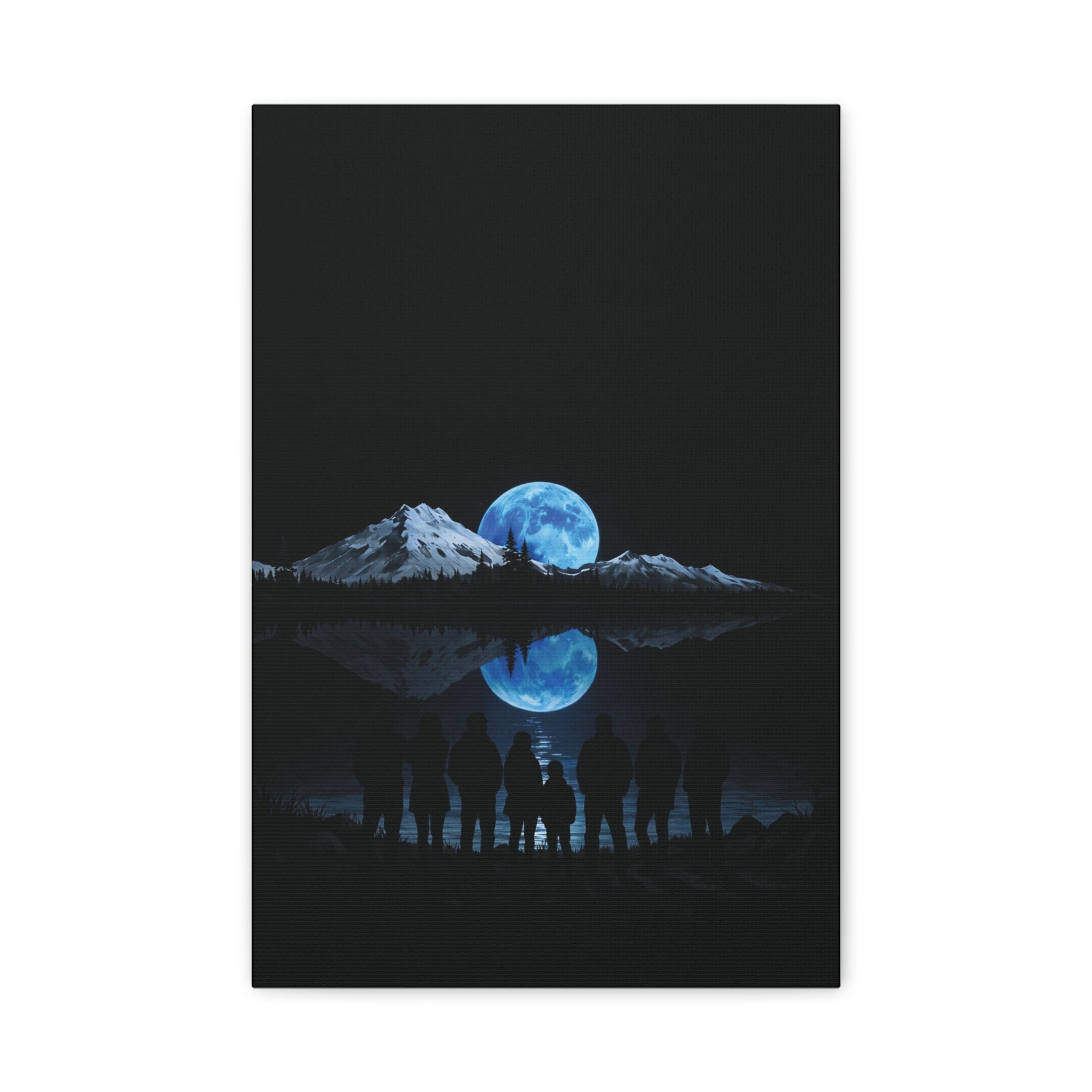 Blue Moon Mountain Canvas Print — Family Silhouette Nightscape Wall Art