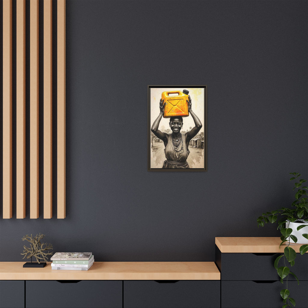 Framed Canvas Art - Joyful Woman Carrying Yellow Water Jerrycan