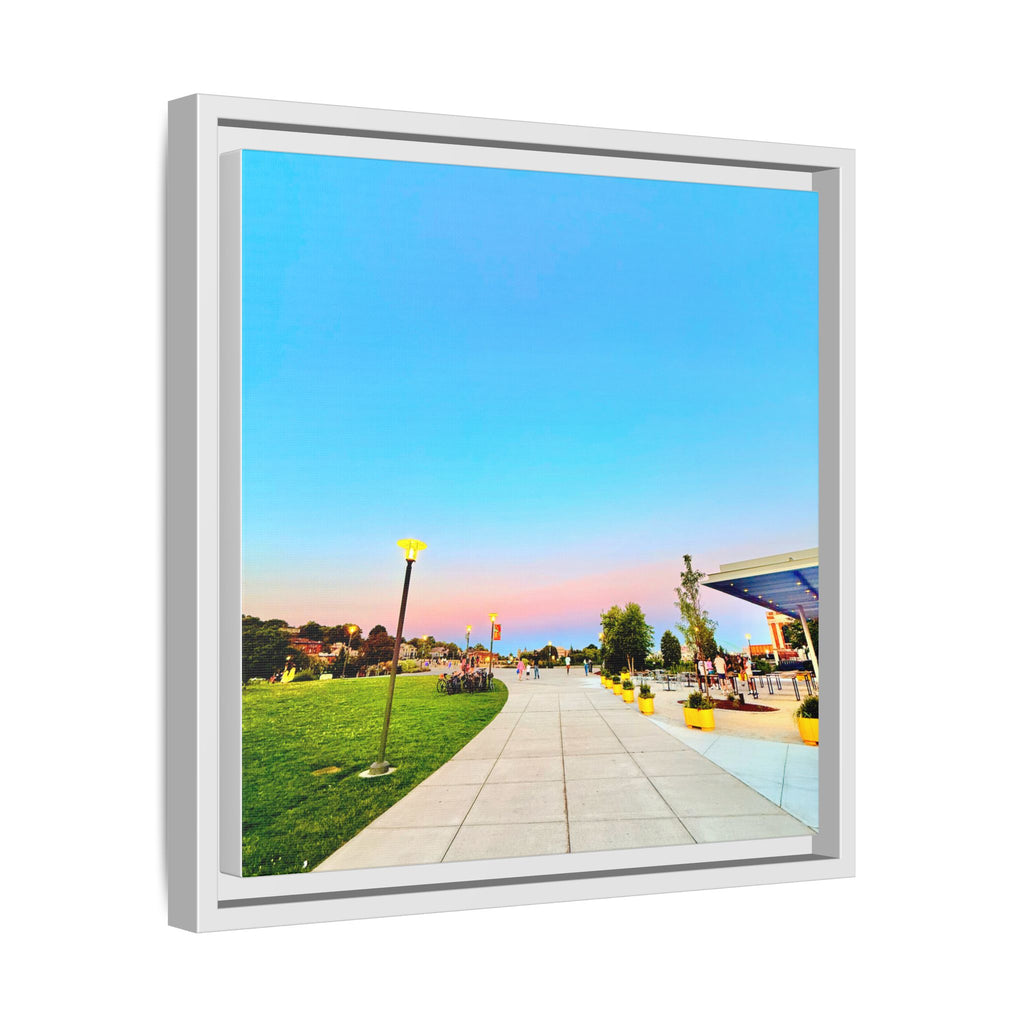Sunset Promenade Matte Framed Canvas — Pastel Sky Walkway Wall Art