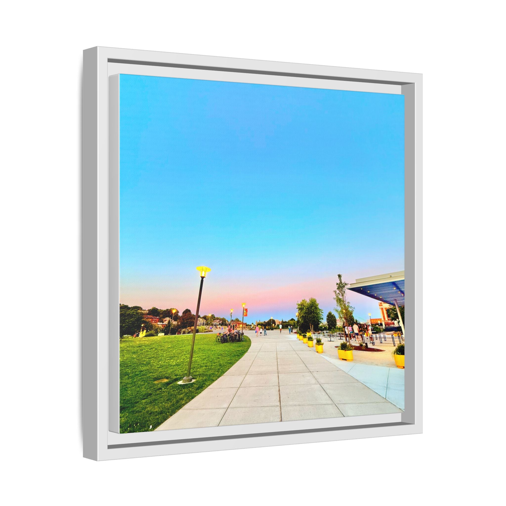 Sunset Promenade Matte Framed Canvas — Pastel Sky Walkway Wall Art