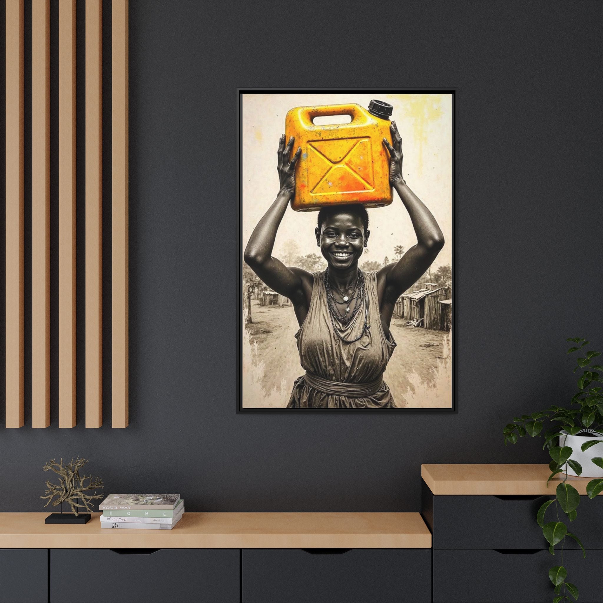 Framed Canvas Art - Joyful Woman Carrying Yellow Water Jerrycan