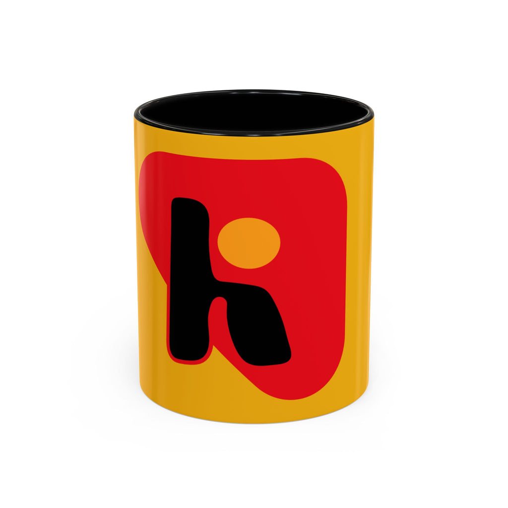Retro Bold 'k' Accent Coffee Mug — Yellow & Red Graphic Ceramic